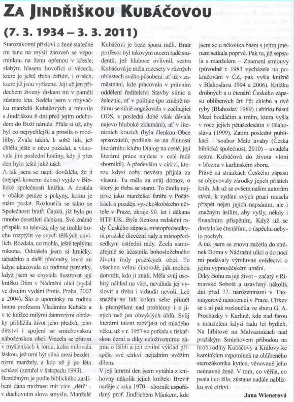 Za Jindřiškou Kubáčovou – vzpomínkový článek